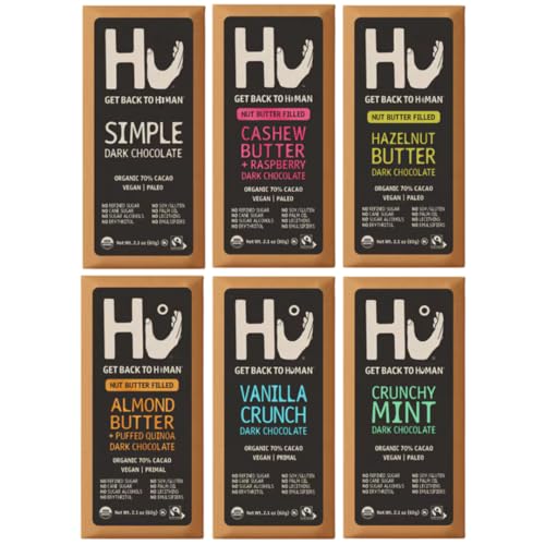 HU Dark Chocolate Bars Variety Pack, 6 Count – Simple, Cashew Buter Raspberry, Hazelnut Btr Almond Butter & Puffed Quino