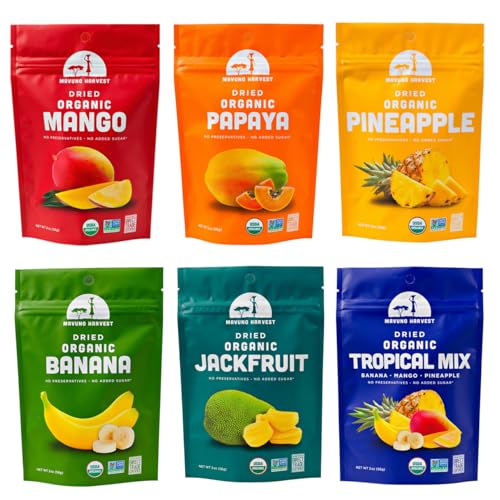 Mavuno Harvest Organic Dried Fruit Variety Pack | Dried Mango, Papaya, Pineapple, Banana, Jackfruit, & Tropical Mix | He