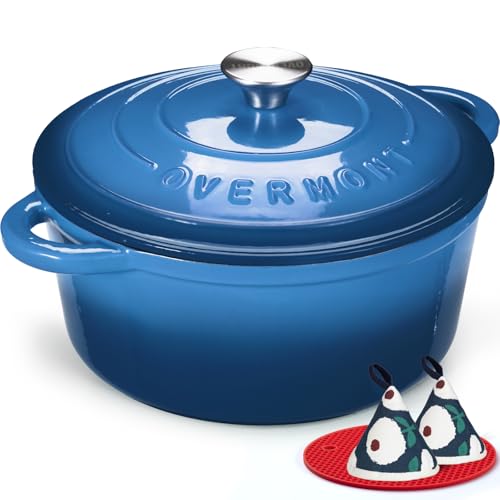 Overmont Enameled Cast Iron Dutch Oven - 4.5QT Pot with Lid Cookbook & Cotton Potholders - Heavy-Duty Cookware for Brais