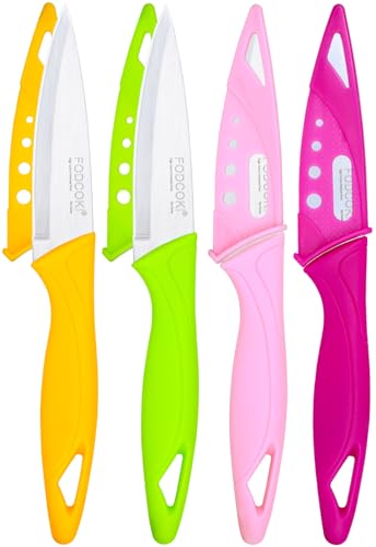 FODCOKI Paring Knife, 4 inch Fruit Paring Knives Set of 4 with Cover Sheath, Small Kitchen Sharp Peeling Cutting for Veg