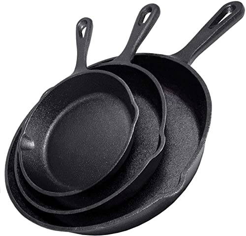 Simple Chef Cast Iron Skillet 3-Piece Set - Heavy-Duty Professional Restaurant Chef Quality Pre-Seasoned Pan Cookware Se