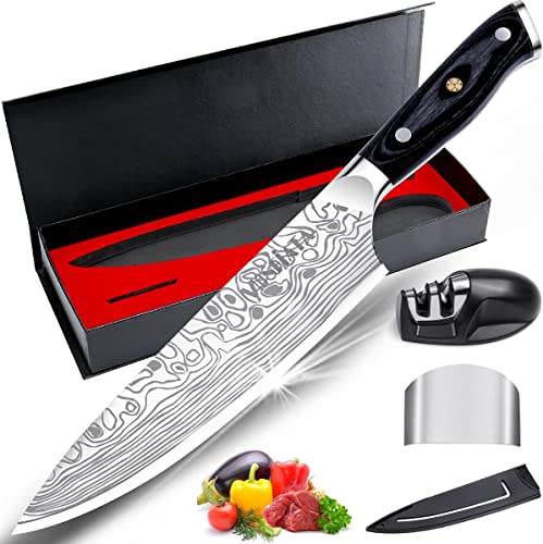 MOSFiATA 8" Super Sharp Professional Chef's Knife with Finger Guard and Knife Sharpener, German High Carbon Stainless St