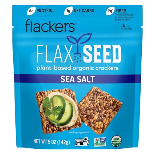 Flackers Organic Sea Salt Flaxseed Crackers, 5 Ounce 1-Pack, Gluten Free, Non GMO, Vegan, Keto Snack, 9g Fiber, 1g Net C