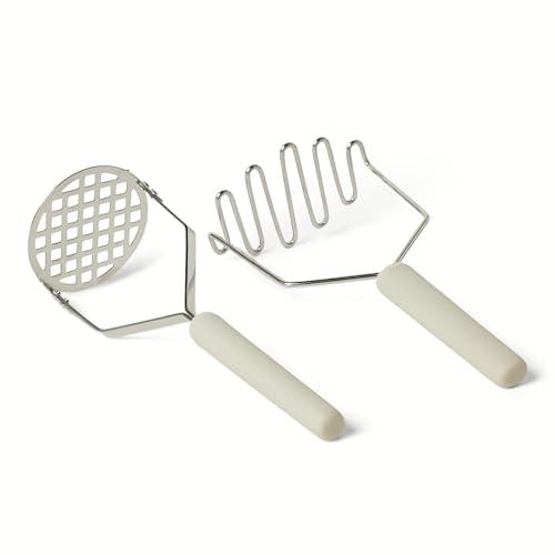 Amazon Basics Potato Mashers, 2-Piece Set, Stainless Steel, Soft Grip Handle, Dishwasher-Safe, Linen Gray