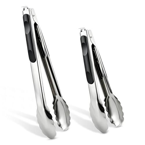 AskBed 2 Pcs 9/12 Inch Kitchen Tongs for Cooking, BBQ & Salad, Heat-Resistant Stainless Steel Locking Tongs Set, Dishwas