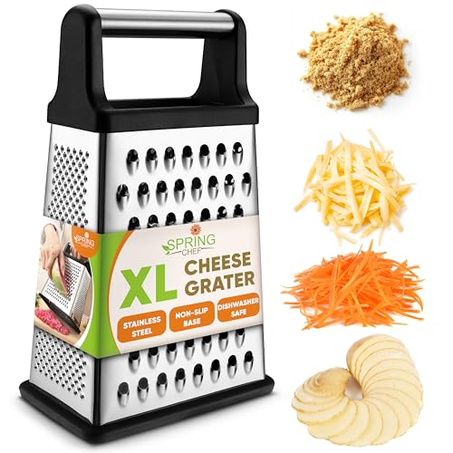 Spring Chef Professional Cheese Grater - Stainless Steel, XL Size, 4 Sides - Perfect Box Grater for Parmesan Cheese, Veg