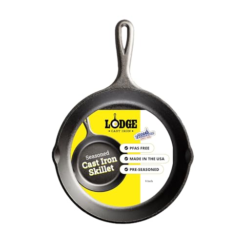 Lodge Seasoned Cast Iron Skillet 9 Inches - PFAS-Free, Non-Toxic Cookware - Use with an Oven, Stove, Grill, or Campfire 