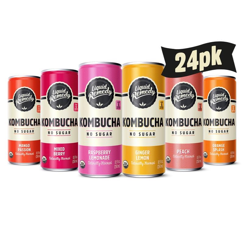 Liquid Remedy Kombucha Sugar Free Organic Drink, Low Calorie, Probiotic Like Tea for Gut Health - Super Sampler Variety 