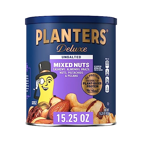 PLANTERS Unsalted Mixed Nuts, Cashews, Pistachios, Almonds, Brazil Nuts, and Pecans, 5g (7% DV) Plant-Based Protein Snac