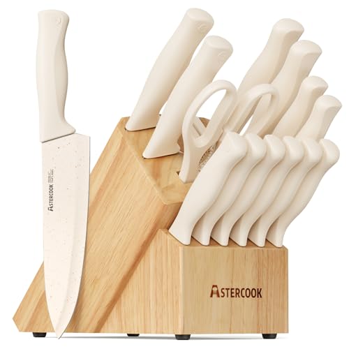 Astercook Knife Set, 15 Pieces Kitchen Knife Set with Sharpener Block, German Stainless Steel Knives with Anti-Rust Coat