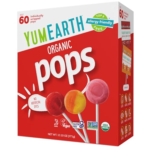 YumEarth Organic Pops Variety Pack, 60 Fruit Flavored Favorites Lollipops, Allergy Friendly, Gluten Free, Non-GMO, Vegan