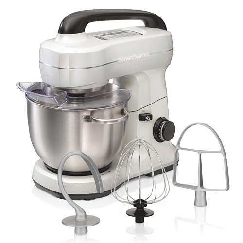 Hamilton Beach Electric Stand Mixer, 4 Quarts, Dough Hook, Flat Beater Attachments, Splash Guard, 7 Speeds with Whisk, E