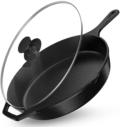Utopia Kitchen Premium Saute Frying Pan 12 Inch, Cast Iron Chefs Pan, Pre Seasoned Cast iron Skillet With Lid, Safe Gril