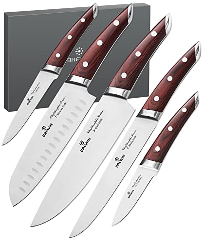 Brewin CHEFILOSOPHI Japanese Chef Knife Set 5 PCS with Elegant Red Pakkawood Handle Ergonomic Design,Professional Ultra 