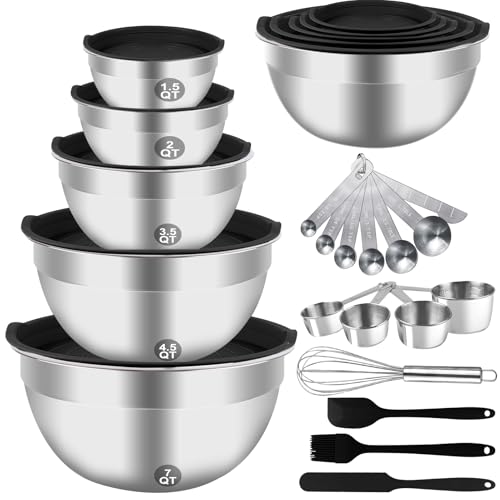WEPSEN Mixing Bowls Set, 25PCS Stainless Steel Mixing Bowl with Lid Set, Large Nesting Bowls 7, 4.5, 3,2, 1.5QT, Measuri
