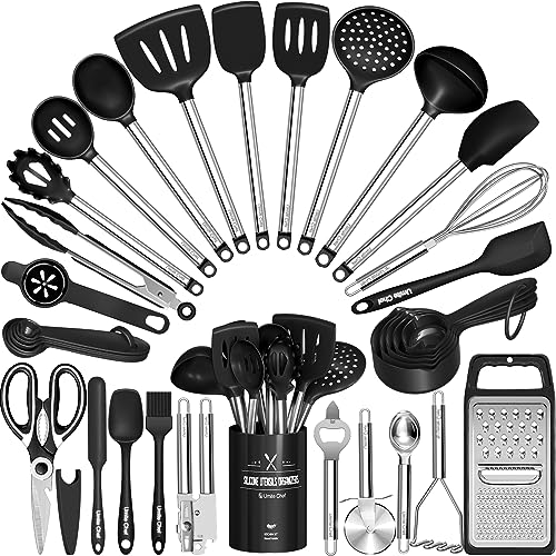 Kitchen Utensils Set-Umite Chef 34 Pcs Silicone Cooking Utensils Set for Nonstick Cookware-Silicone Spatulas Set, Stainl