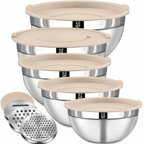 Boskermeal 8PCS Stainless Steel Mixing Bowls with Lids - 5PCS Nesting Bowls, 3 Grater Attachments for 4.0 QT Bowl, Stain