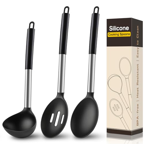 3 Pcs Silicone Cooking Spoon Set, Kitchen Utensils Include Solid & Slotted Spoon, Soup Ladle, Food-Grade Heat Resistant,