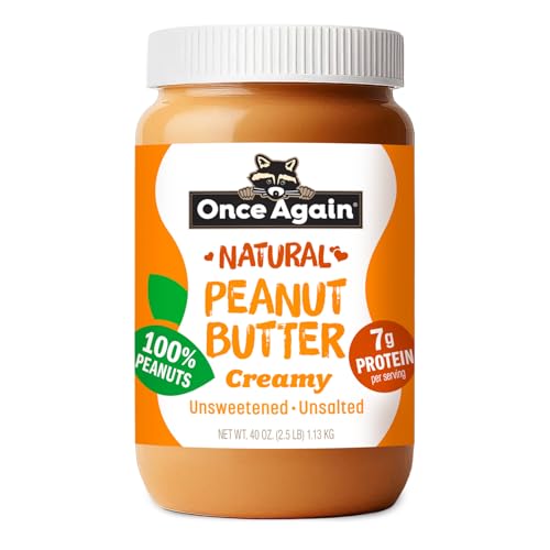 Once Again Creamy Natural Peanut Butter, No Salt or Sugar Added - Large 2.5 Pound Jar - Single Ingredient, Unsalted, Sug