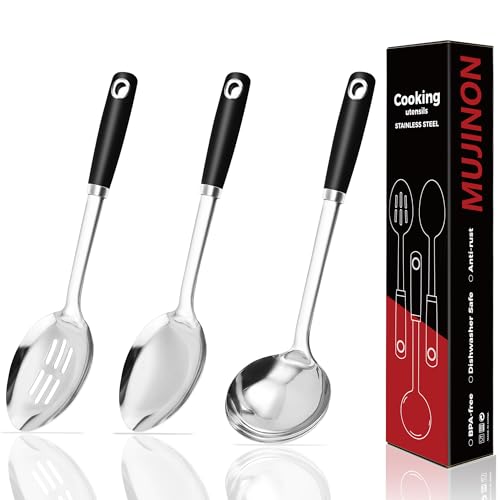 MUJINON 14-in Cooking Spoons Set, Heavy Duty 18/0 Stainless Steel Large Serving Spoons Set, Slotted Spoon, Cooking Spoon