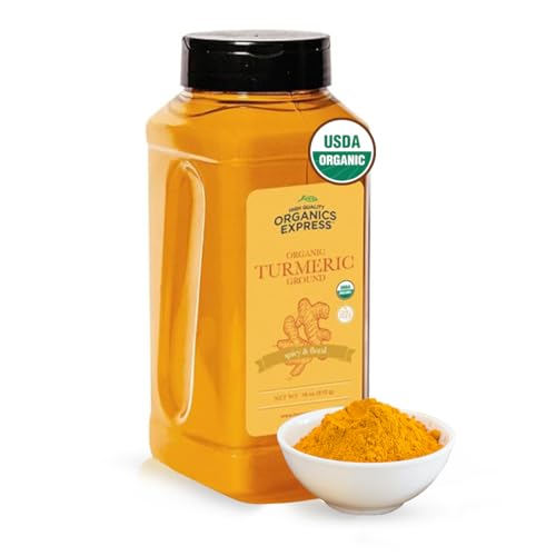 HQOExpress Organic Ground Turmeric Powder – USDA Organic, Non‑GMO, Kosher, Lab Tested –Chef Jar (18 oz) – Sustainably Gr