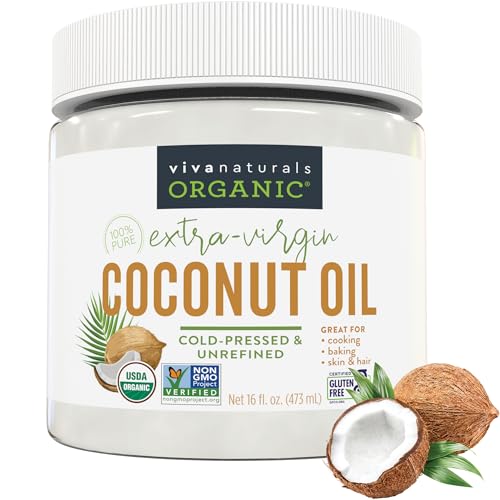 Viva Naturals Organic Coconut Oil, 16 fl oz – Unrefined, Cold-Pressed Extra Virgin Coconut Oil, USDA Organic & Non-GMO, 
