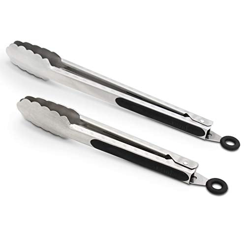 304 Stainless Steel Kitchen Cooking Tongs, 9" and 12" Set of 2 Sturdy Grilling Barbeque Brushed Locking Food Tongs with 