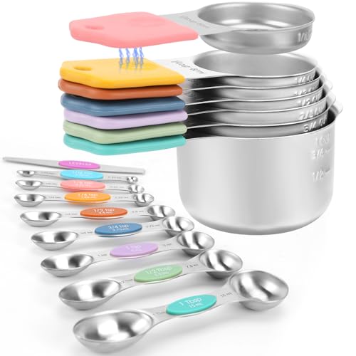 Magnetic Measuring Cups and Spoons Set-Heavy Duty 304 Stainless Steel，Double Measurement Markings，Set of 16 with Leveler