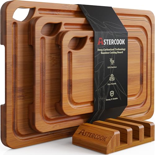 Astercook Deep-Carbonized Bamboo Cutting Boards for Kitchen with Wood Storage Stand, Reversible Charcuterie & Chopping B