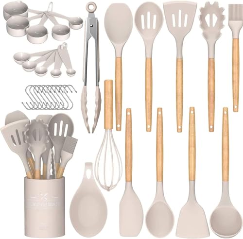Umite Chef Kitchen Cooking Utensils Set, 33 pcs Non-Stick Silicone Cooking Kitchen Utensils Spatula Set with Holder, Woo