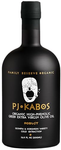 PJ KABOS Very High Phenolic (699 mg/kg), USDA Organic Greek Extra Virgin Olive Oil, Kosher, Greece, Cold Extracted, 16.9