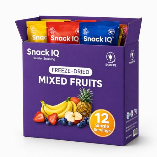Snack IQ Freeze Dried Fruit Snacks Mixed 12 Pack - Freeze Dried Blueberries, Mango, Bananas, Apples slices, Peaches, Str