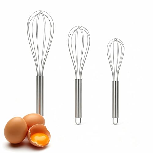 Stainless Steel Whisk Set, 3 Sizes (8", 10", 12") Kitchen Whisks for Cooking, Balloon Wire Whisk for Mixing, Whisking, B