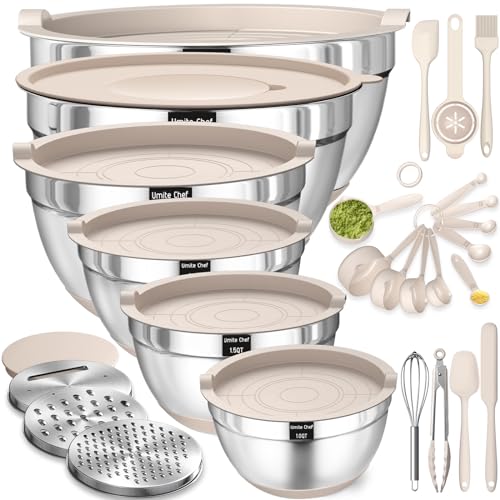 Mixing Bowls with Airtight Lids Set, 26PCS Stainless Steel Khaki Bowls with Grater Attachments, Non-Slip Bottoms & Kitch