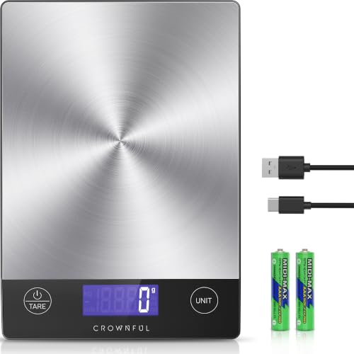 CROWNFUL Food Scale, 33lb Rechargeable 304 Stainless Steel Digital Kitchen Scale Weight Grams and Ounces with LCD Displa