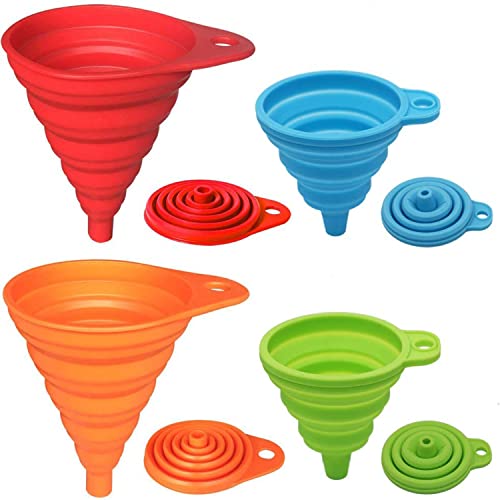 KongNai Kitchen Funnel Set 4 Pack, Small and Large, Kitchen Gadgets Accessories Foldable Silicone Collapsible Funnels fo