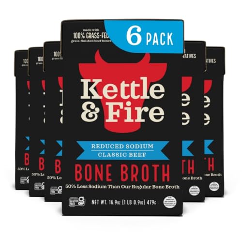 Kettle and Fire Reduce Sodium Beef Organic Bone Broth, Keto, Paleo, Whole 30 Approved, Gluten Free, 17g of Protein, Natu