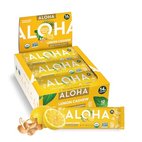 ALOHA Organic Plant Based Protein Bars - Lemon Cashew - 12-Count - Vegan, Low Sugar, Gluten-Free, Paleo, Low Carb, Non-G