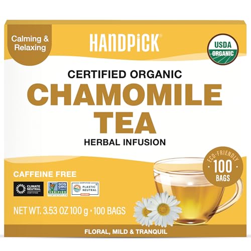 HANDPICK, Organic Chamomile Tea Bags (100 Herbal Tea Bags) Caffeine Free| Premium Floral Chamomile Herbal Tea in Eco-Con