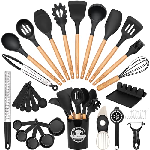 Astercook 39 PCS Kitchen Utensils Set, Silicone Cooking Utensil Sets with Wooden Handle, 446°F Heat Resistant Food Grade