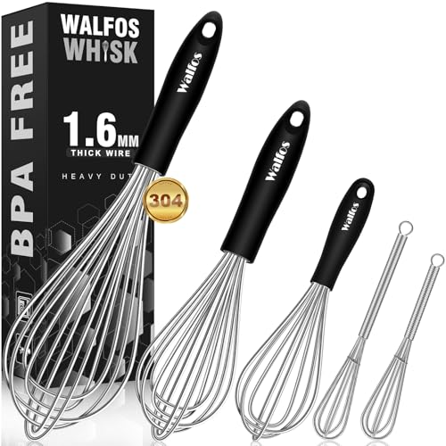 Stainless Steel Whisk Set with 7"+5" Mini whisks, Walfos Heavy Duty Whisks, Kitchen whisk (7+9+11in) Premium for Whiskin