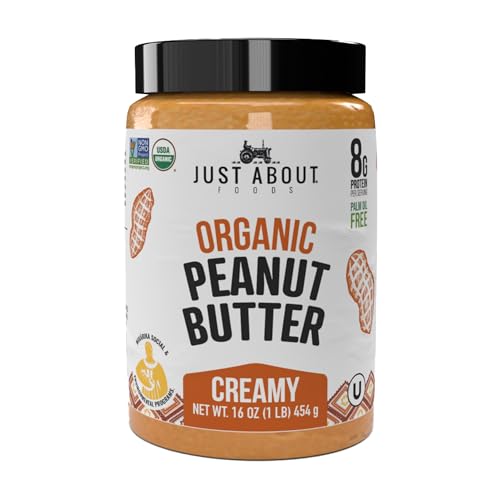 Just About Foods Organic & Keto Peanut Butter Creamy 1 lb Gluten-Free, No Sugar Added, No Palm Oil, Unsweetened Peanut S