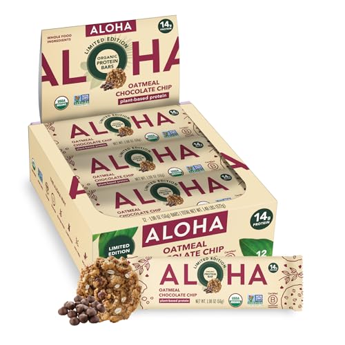 ALOHA Organic Plant Based Protein Bars - Oatmeal Chocolate Chip - 12 Count, 1.9oz Bars - Vegan Snacks, Low Sugar, Gluten