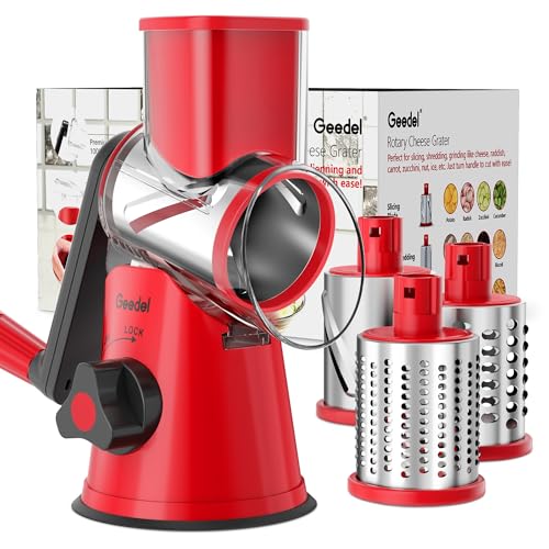 Geedel Rotary Cheese Grater, Kitchen Mandoline Vegetable Slicer with 3 Interchangeable Blades, Easy to Clean Grater for 