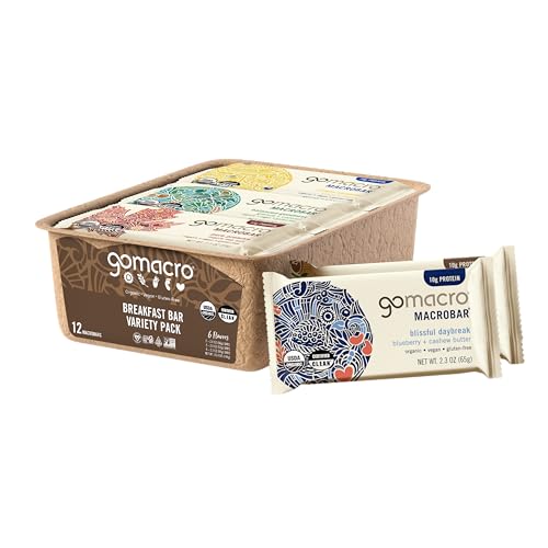 GoMacro Macrobar Organic Vegan Protein Bars, Breakfast Variety Pack, 12 Count