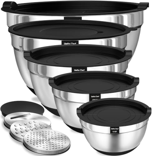 Umite Chef Mixing Bowls with Airtight Lids Set, 8PCS Stainless Steel Nesting Bowls Set, 3 Grater Attachments & Non-Slip 