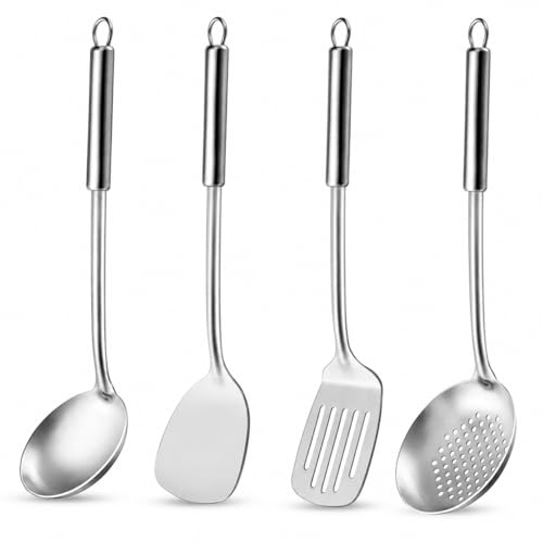 Pleafind Cooking Utensils Set - 4 Pcs Stainless Steel Kitchen Utensils Set with Solid Turner, Slotted Turner, Serving La