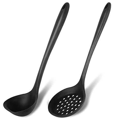 Silicone Soup Ladle Spoon Set of 2,Silicone Nonstick Large Skimmer Slotted Spoons,Kitchen Ladle Strainer Spoons Heat Res