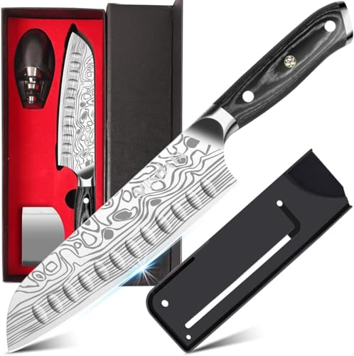 MOSFiATA Santoku Knife- 7 Inch Vegetable Knife Ultra Sharp Chopping Knife- Forged EN.4116 German Steel- Including Sheath