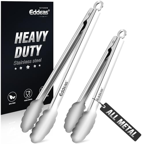 Eddeas All Metal Tongs For Cooking - Heat Resistant 600 Degrees Stainless Steel Kitchen Tongs, Set of 2-9" & 12 inch, Lo